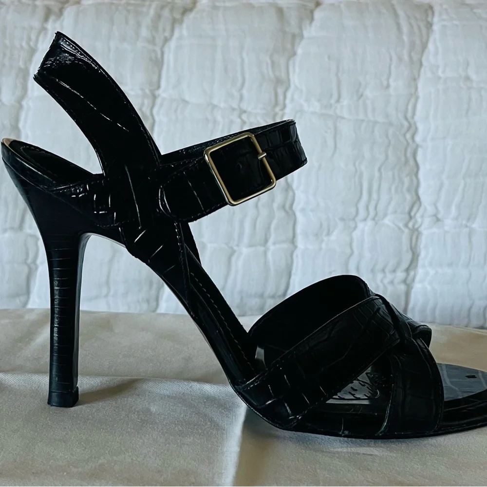Ralph Lauren Black Genuine Leather Croc Embossed Strappy Heels 8B